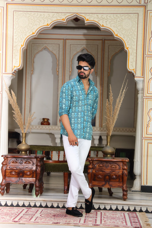 Teal Skull Motif Cotton Shirt for Men