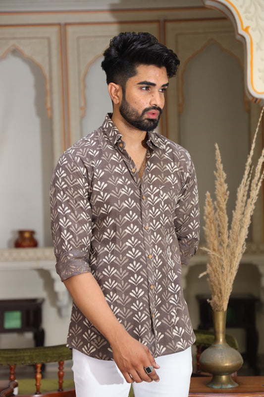 Mocha Brown Handblock Shirt for Men