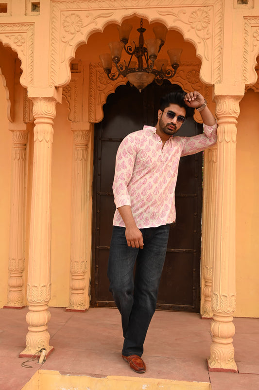 Pink Leaf Print Casual Cotton Shirt for Men