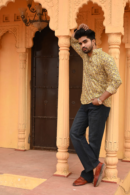 Mustard Block Printed Shirt with Mughal Motifs