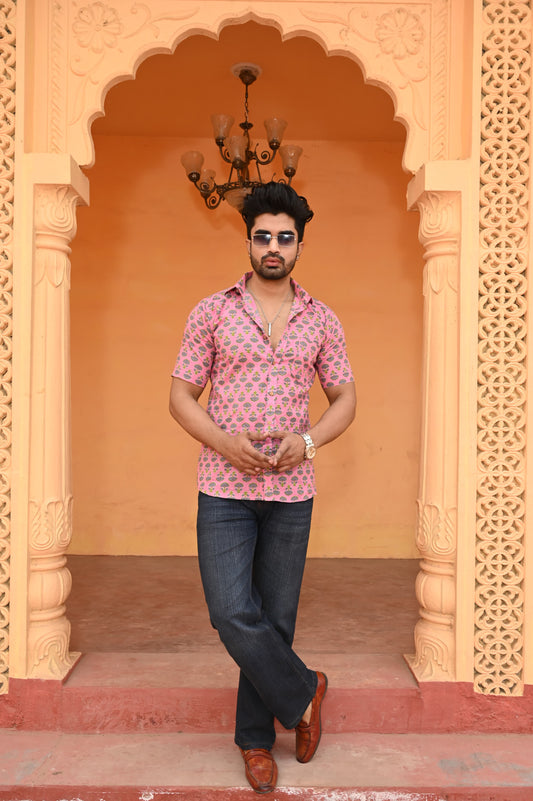 Pink Floral Printed Cotton Shirt for Men