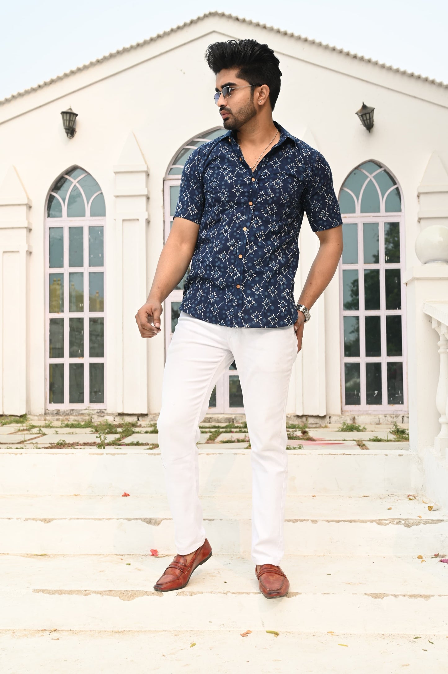 Indigo Blue Printed Short Sleeve Cotton Shirt for Men