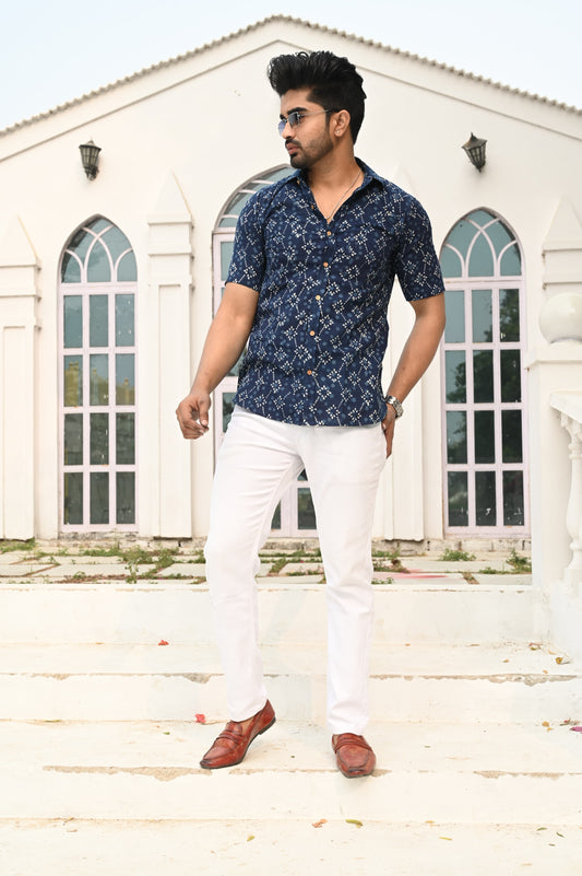 Indigo Blue Printed Short Sleeve Cotton Shirt for Men