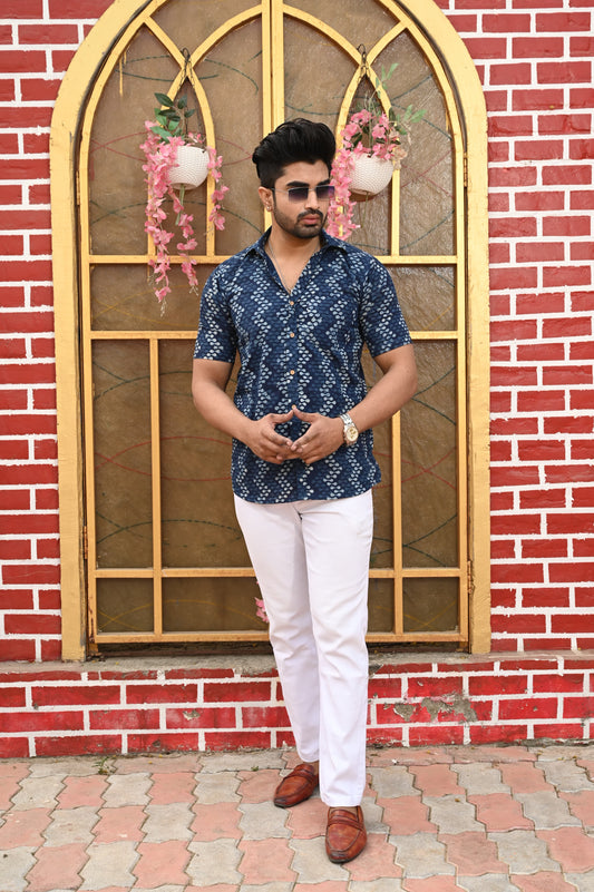 Navy Blue Geometric Printed Cotton Shirt for Men