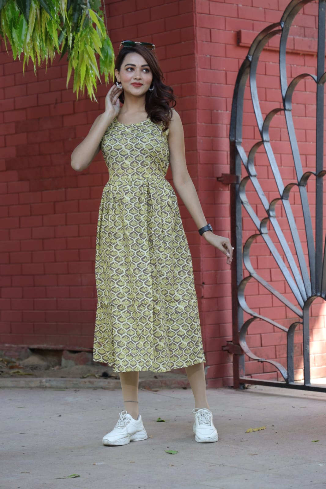 Green Ethnic Printed Cotton Midi Dress