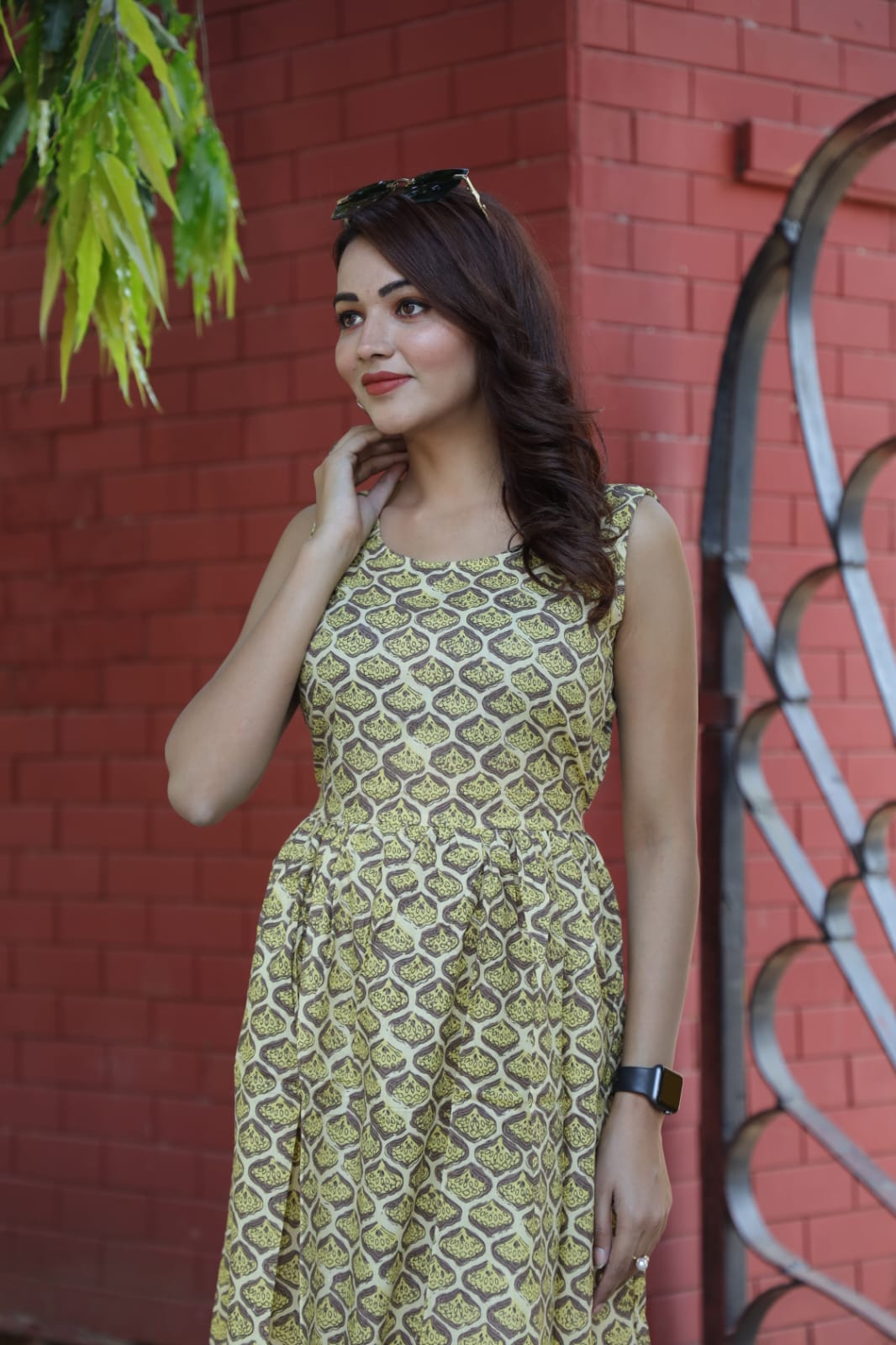 Green Ethnic Printed Cotton Midi Dress