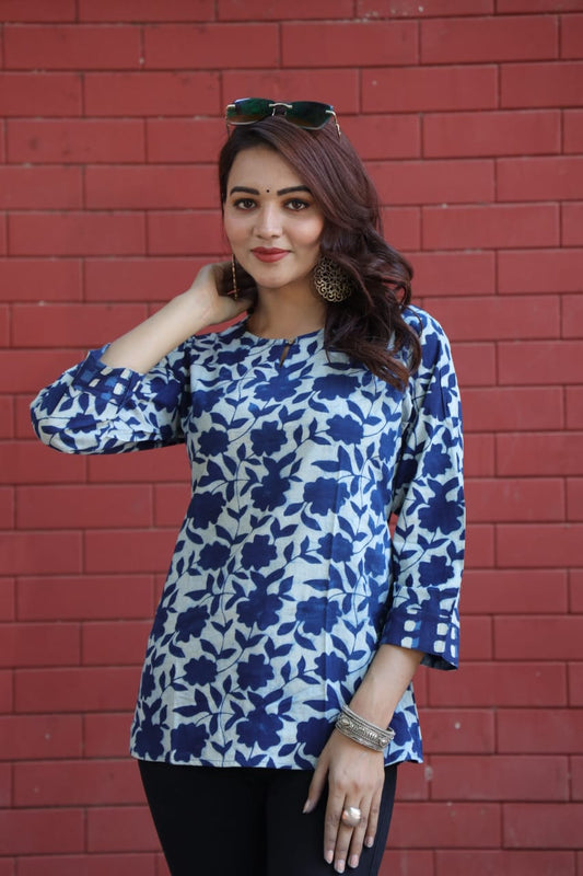 Blue Block Bagru Floral Print Kurti