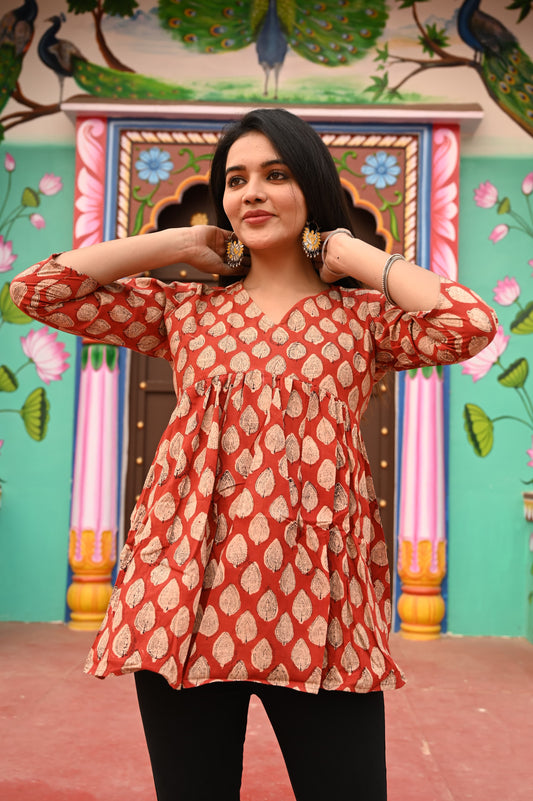 Handblock Cotton Peplum Kurti – Red & Gold Leaf Motif