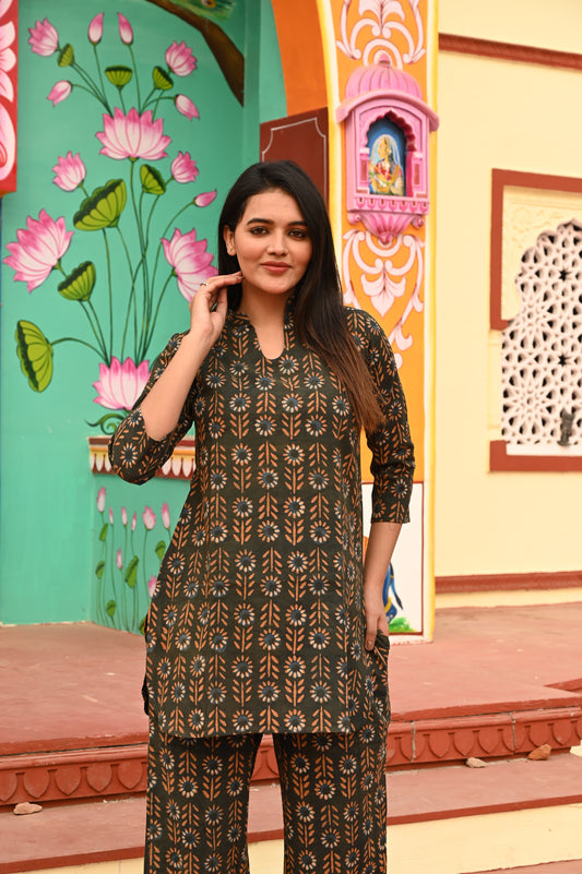 Green Floral Straight Fit Cotton Co-ord Set